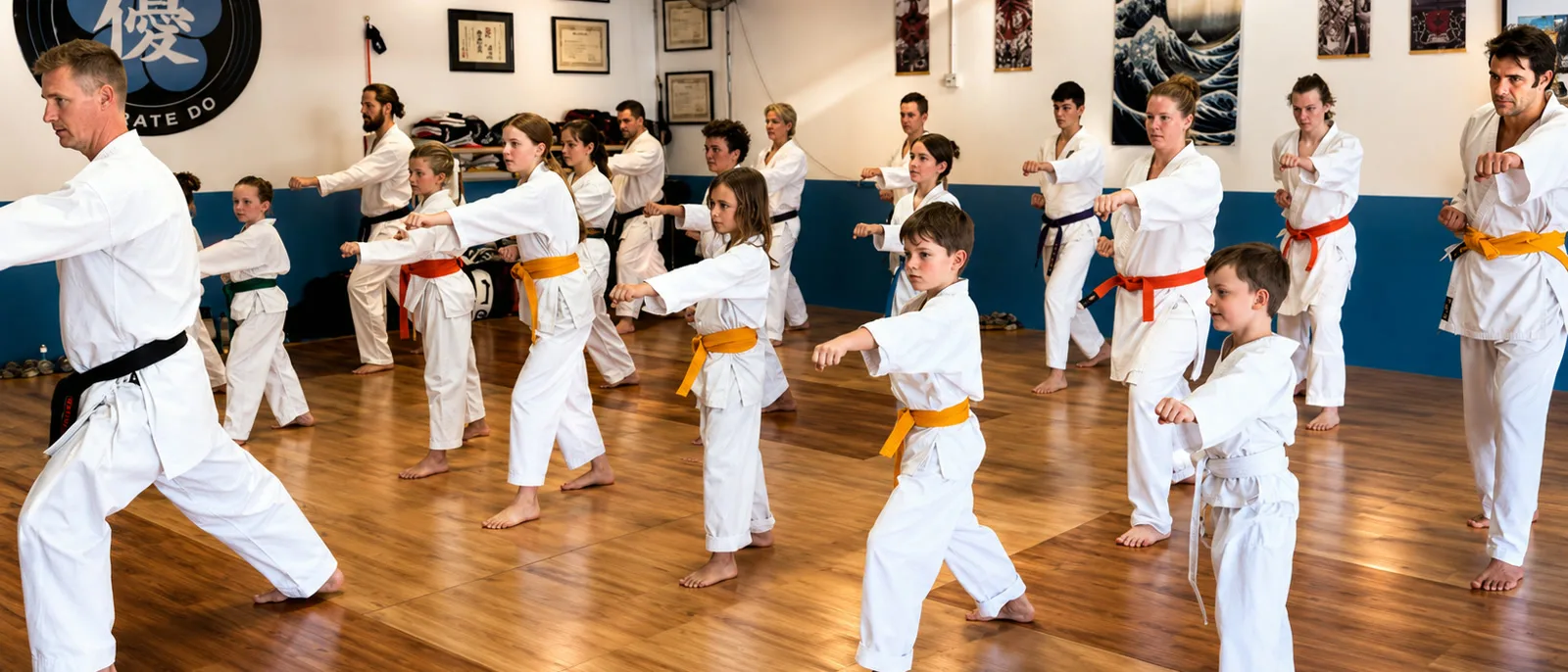Full class training at Yushukan Karate Honbu Dojo, Tweed Heads South, kids and adults in gi doing techniques together