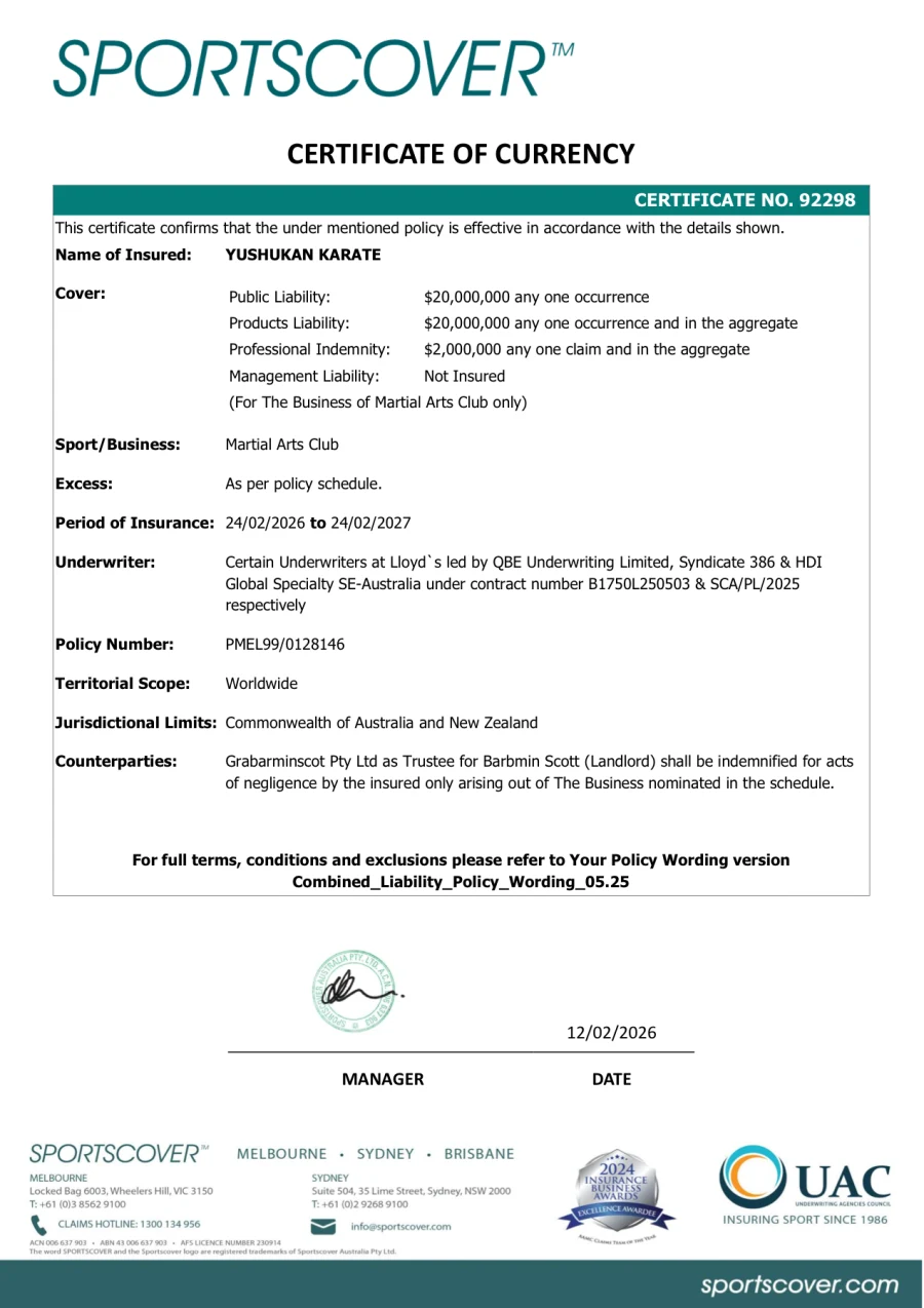 Yushukan Karate Certificate of Currency, Sportscover, Lloyd's underwritten, valid 2026 to 2027