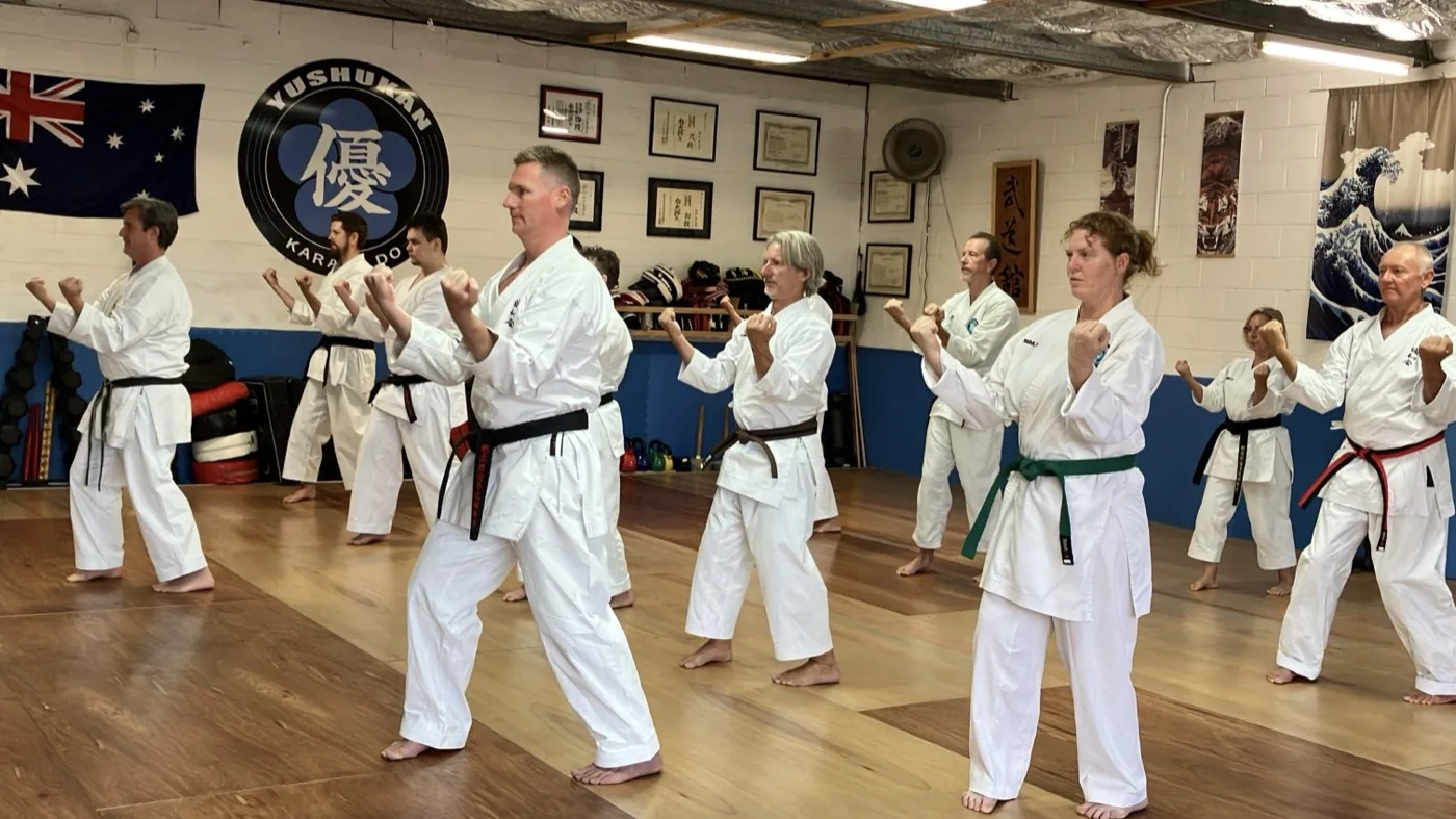Adults and kids training together in a Karate Ready class at Yushukan Karate, Tweed Heads South